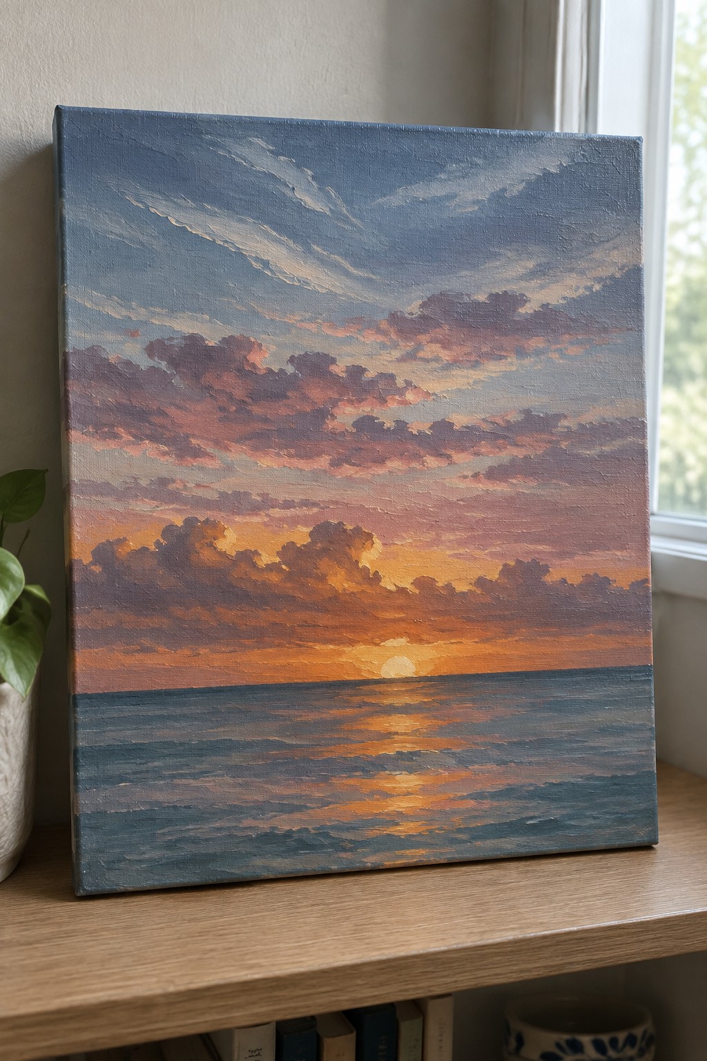 Oil painting of vibrant sunset over ocean with colorful clouds on wooden shelf