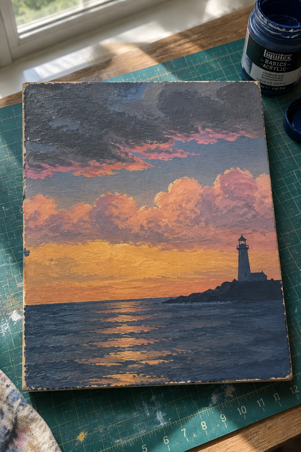Acrylic painting of lighthouse at sunset with vibrant orange-pink clouds over dark sea, paint jar nearby