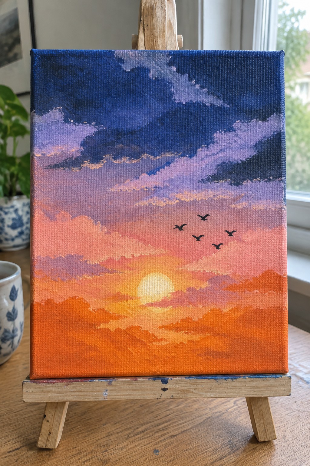Colorful sunset painting on easel with orange-pink clouds, glowing sun, and black birds
