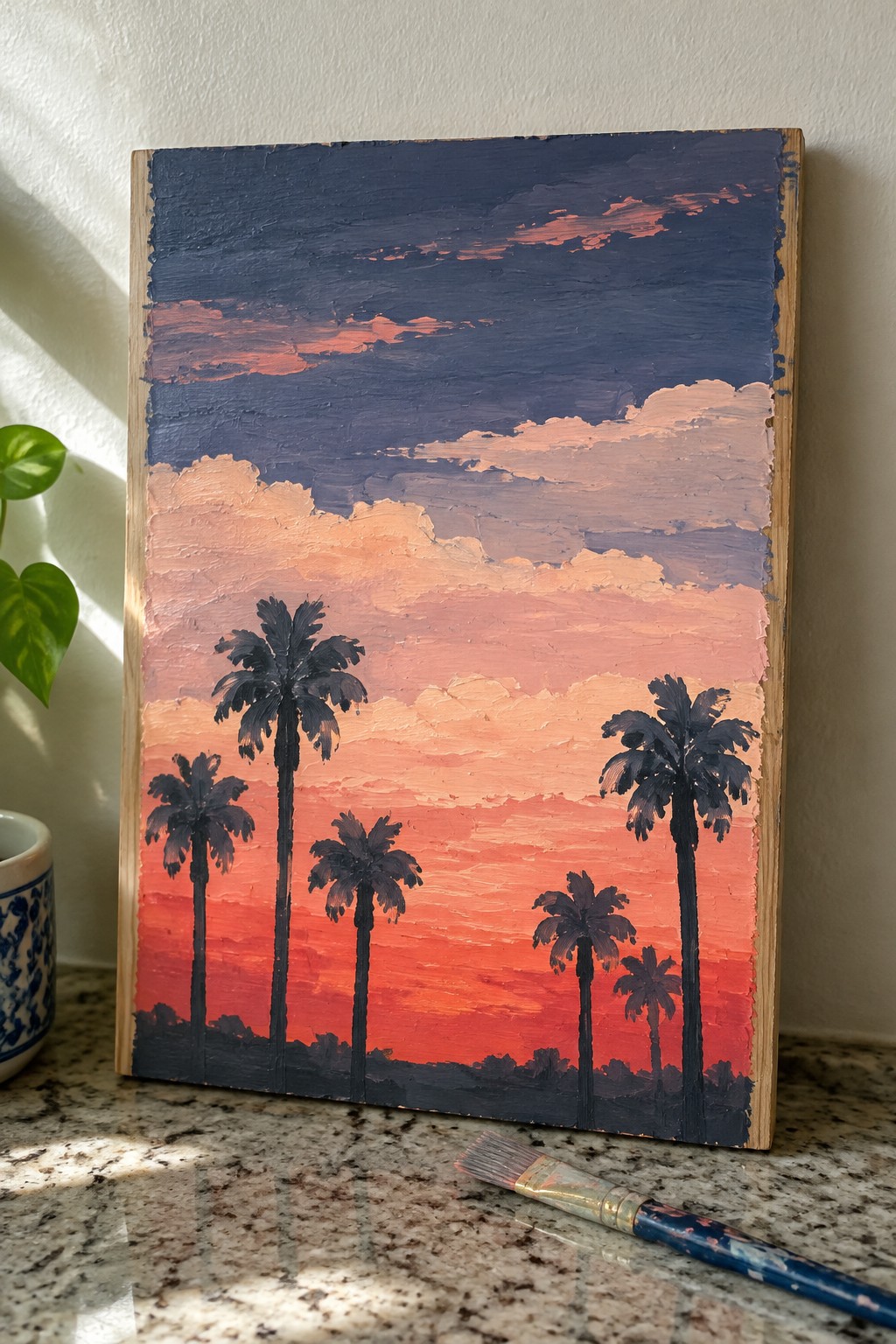 Textured painting of silhouetted palm trees against a vibrant orange-pink sunset sky