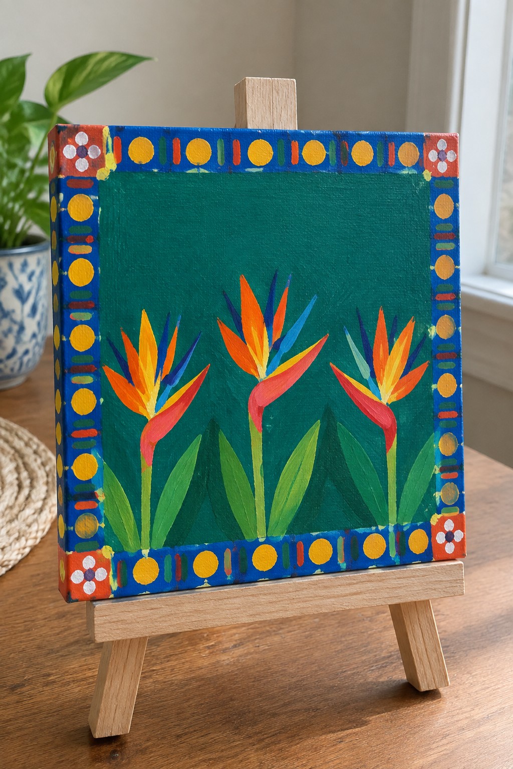 Colorful bird of paradise flowers on teal canvas with dotted border on wooden easel