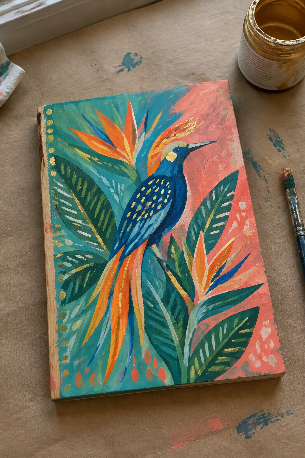 Vibrant painting of blue bird with orange crest amid tropical leaves on pink-teal canvas