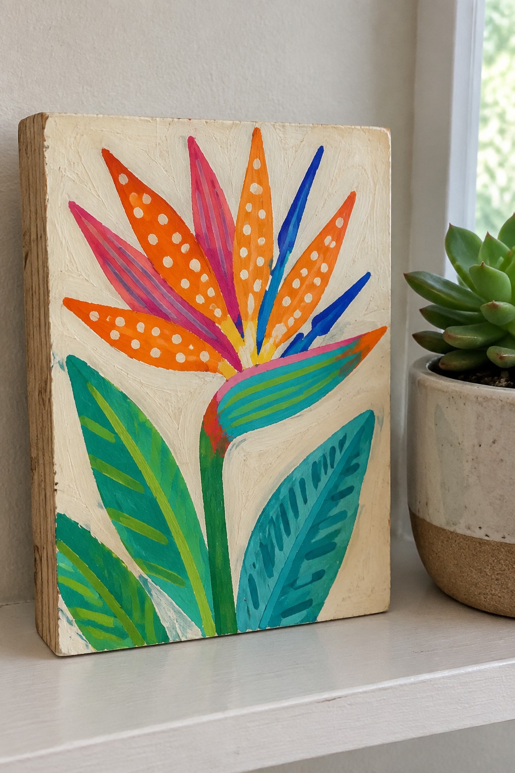 Colorful bird of paradise painting on wood beside potted green succulent plant