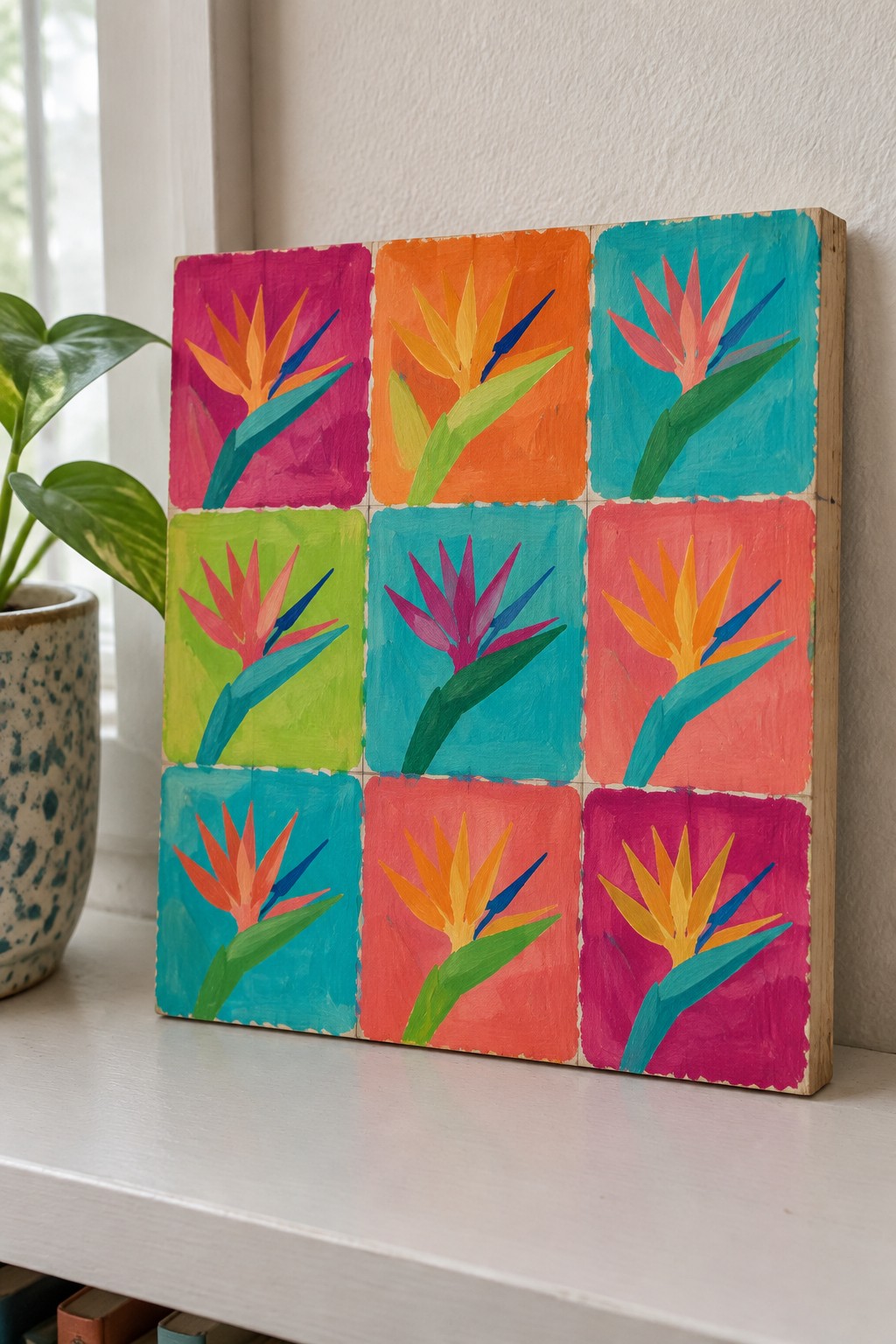 Vibrant 3x3 grid of colorful bird of paradise flowers painted on wood.
