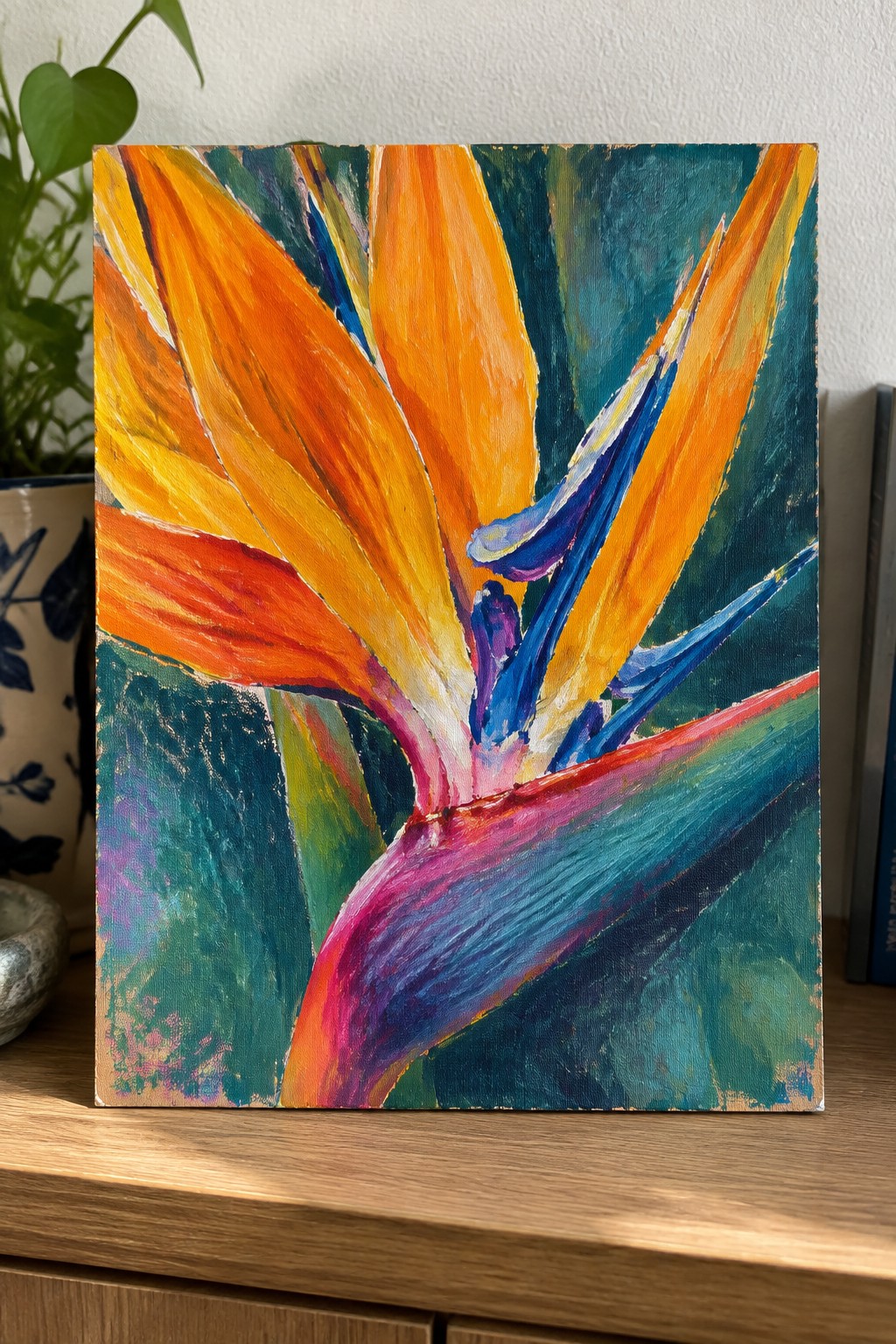 Vibrant bird of paradise flower painting with bold orange, blue, and teal brushstrokes