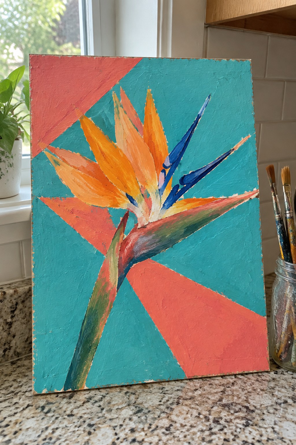 Vibrant bird of paradise flower painting on teal canvas with red triangles.