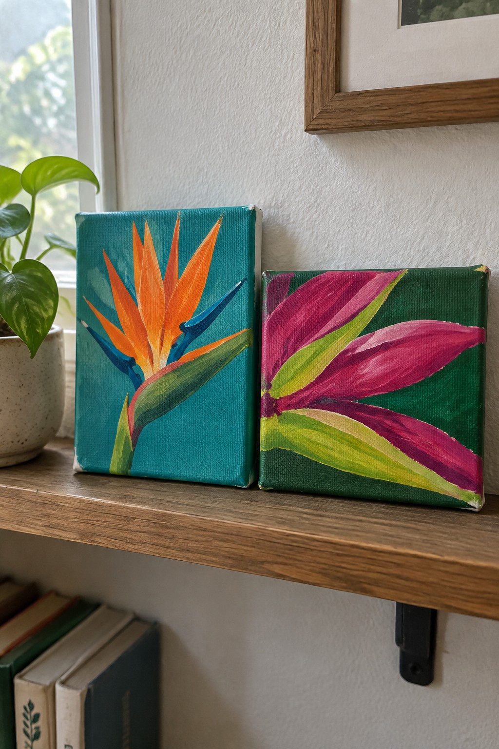 Two vibrant flower paintings on small canvases atop a wooden shelf