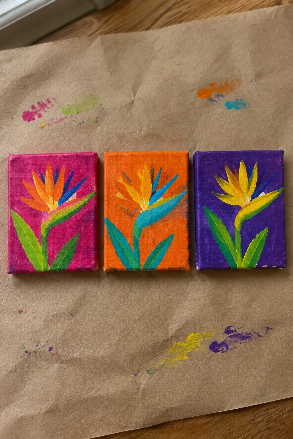 Three small canvases with vibrant bird of paradise flowers on pink, orange, purple backgrounds