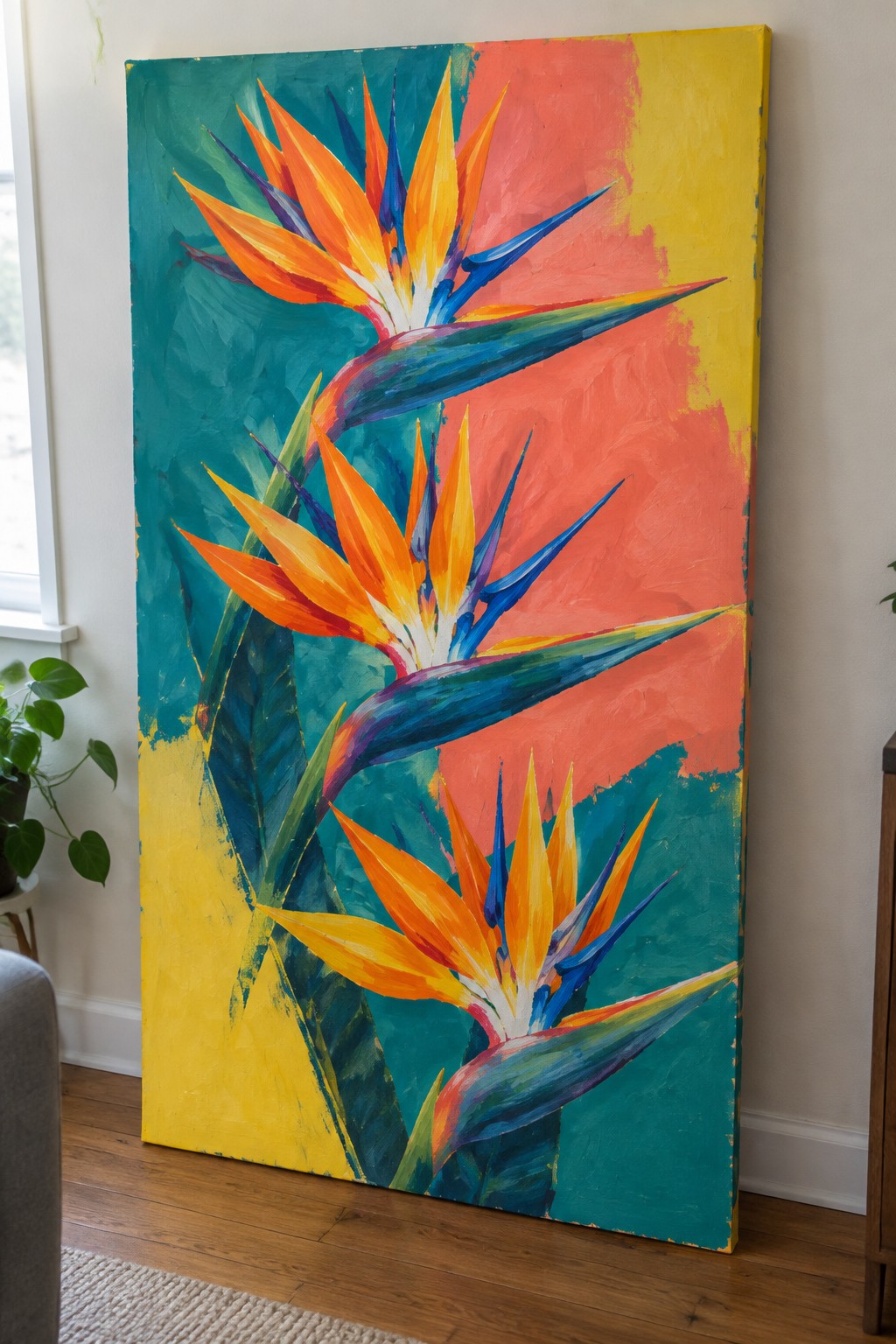 Vibrant abstract painting of three orange bird of paradise flowers on colorful backdrop