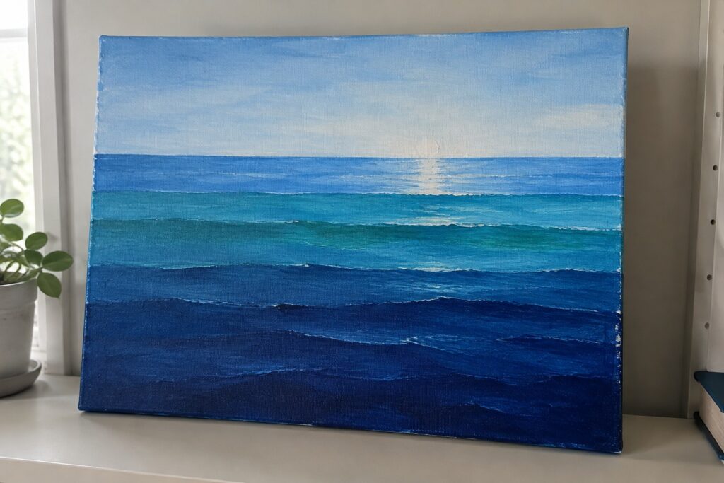 21 Bold Blue Ocean Water Acrylic Painting Ideas With Deep Layered Tones Seascape painting on canvas with layered blue ocean waves and sun reflection