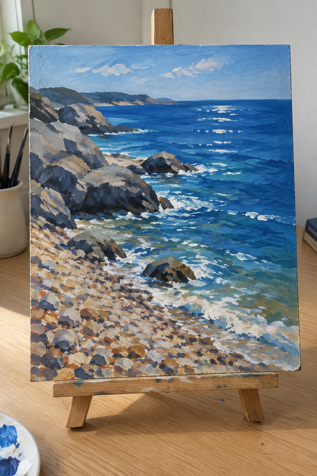 Oil painting on easel of rocky coastline, pebble beach, and blue ocean waves