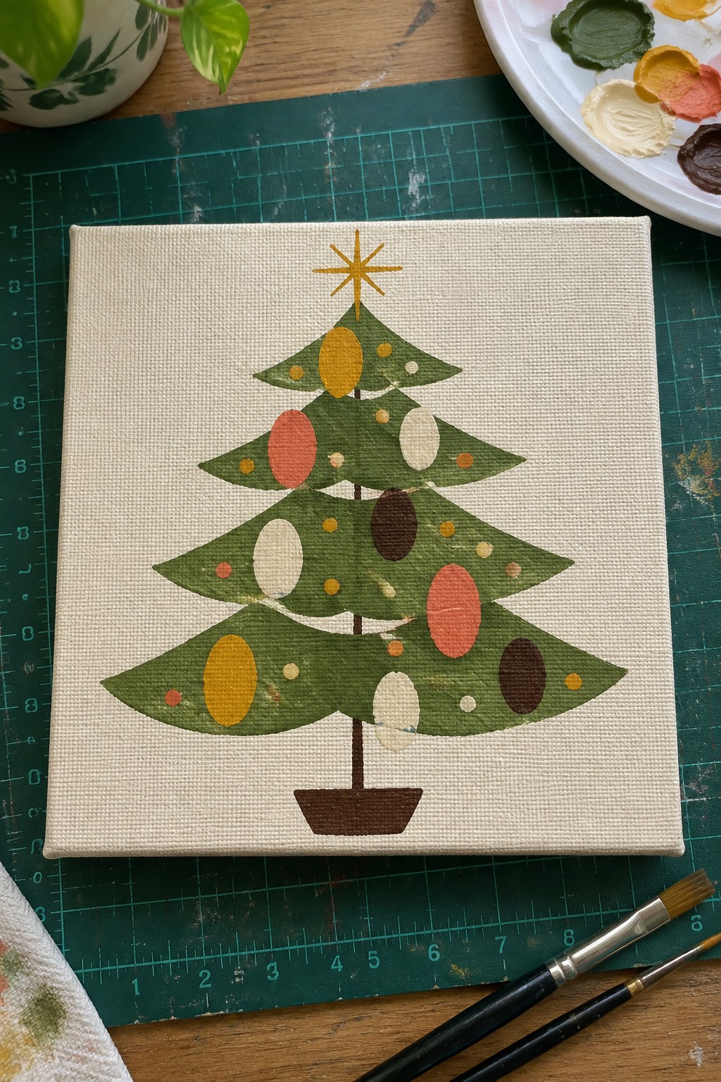 Stylized retro Christmas tree with colorful ornaments on canvas amid art supplies.