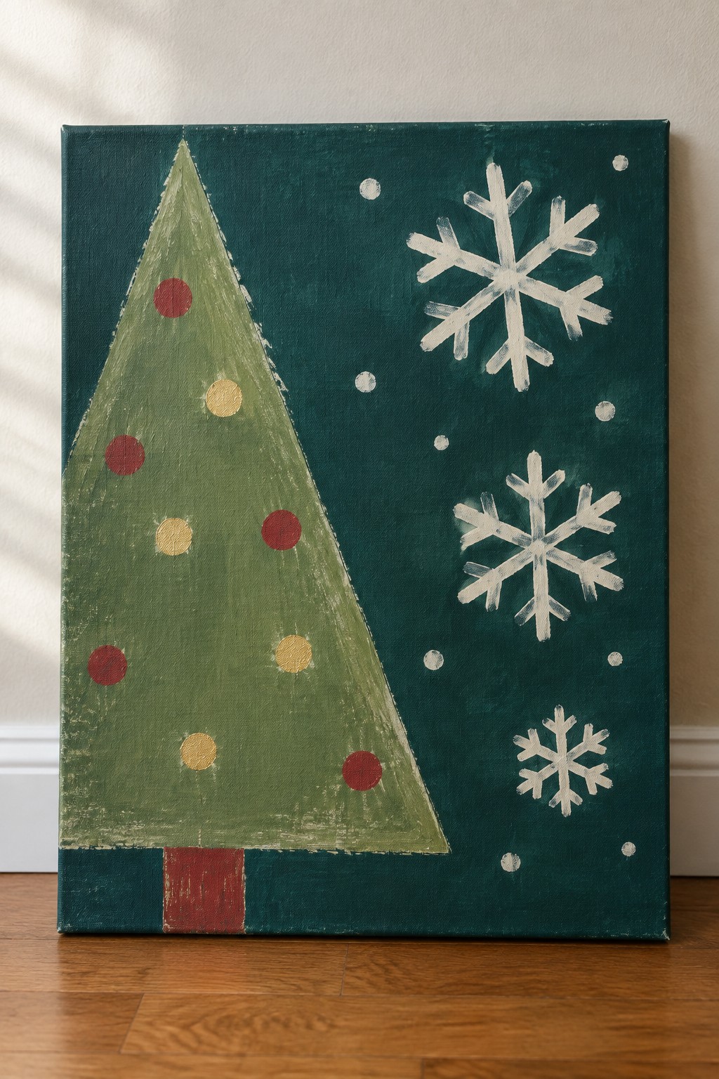Green Christmas tree painting with red gold dots and white snowflakes on canvas