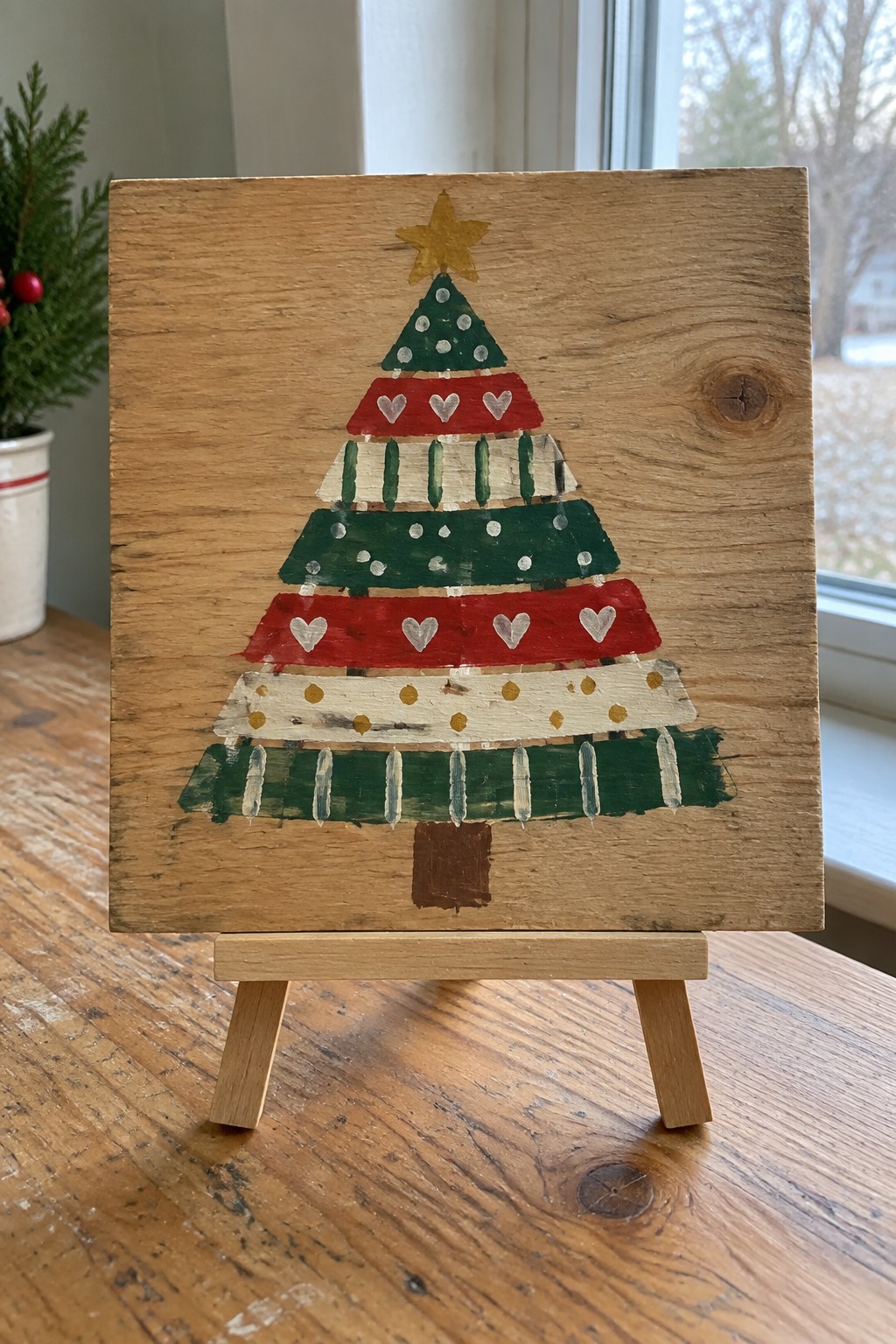 Rustic wood plaque with layered Christmas tree painting on small easel