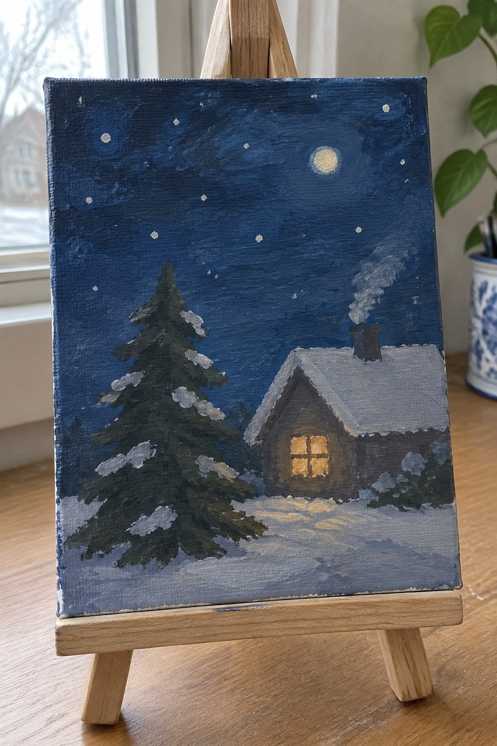 Painting on easel shows snowy cabin glowing at night beside pine tree under starry sky.