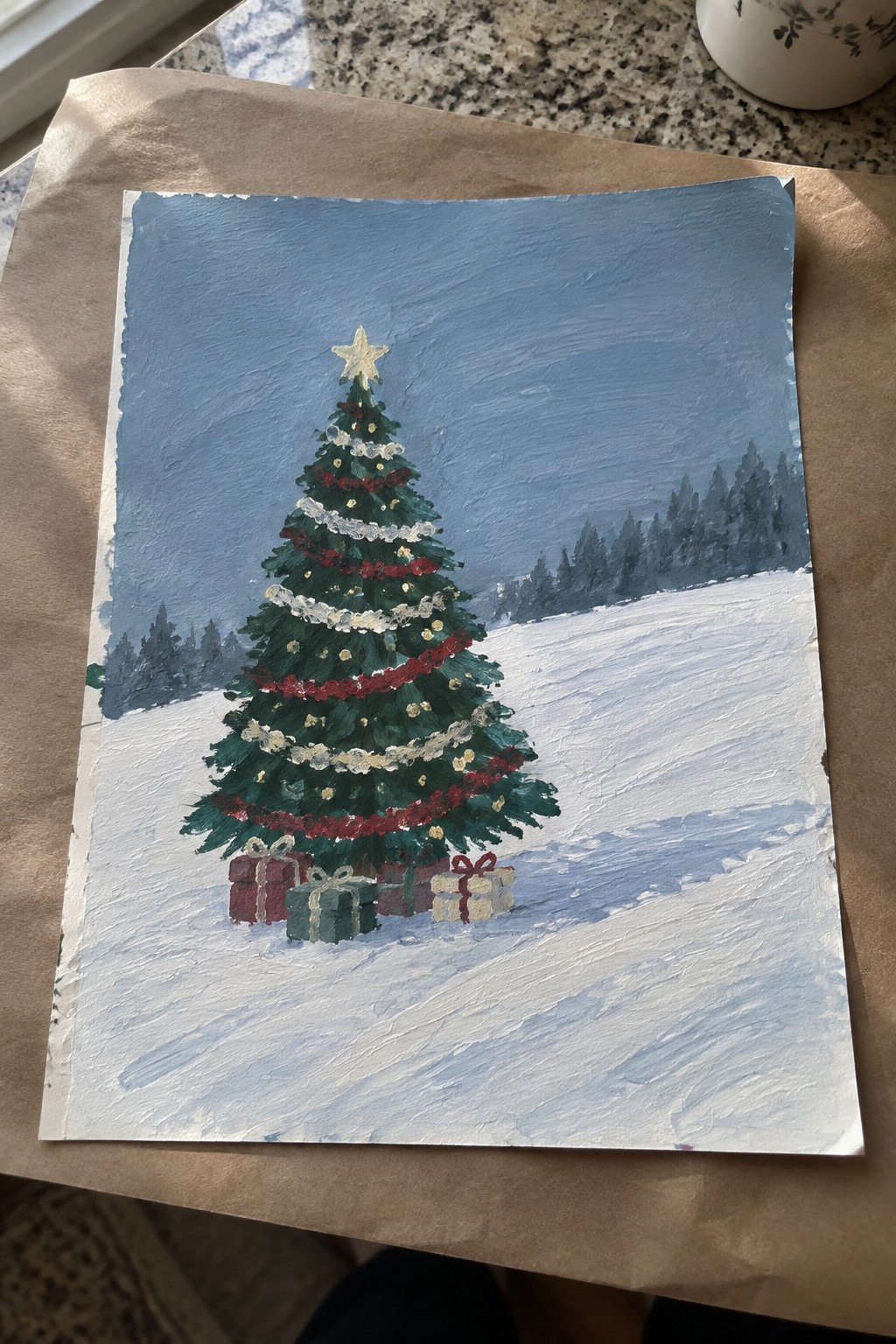 Acrylic painting of decorated Christmas tree with gifts in snowy winter landscape