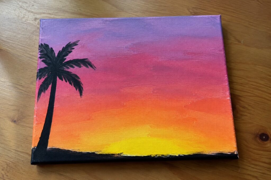 Canvas painting of silhouetted palm tree against purple pink orange yellow sunset gradient