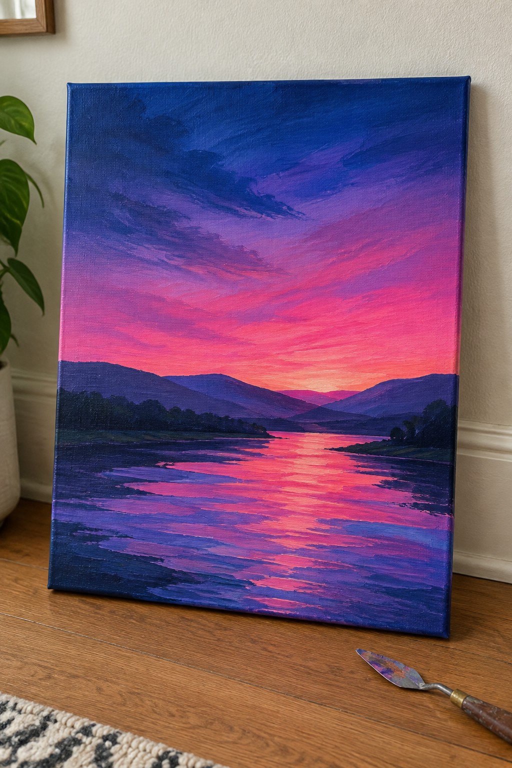 Vibrant painting of pink sunset reflecting on river with purple mountains in background