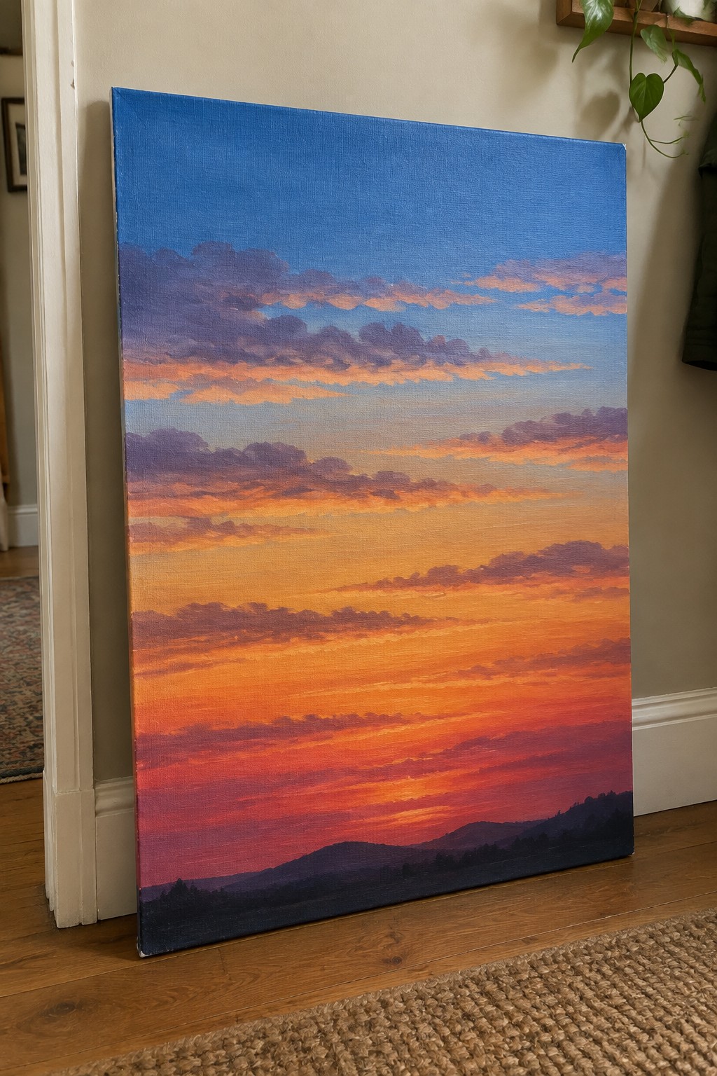 Vibrant sunset painting with orange-red clouds over dark hills leaning on wooden floor