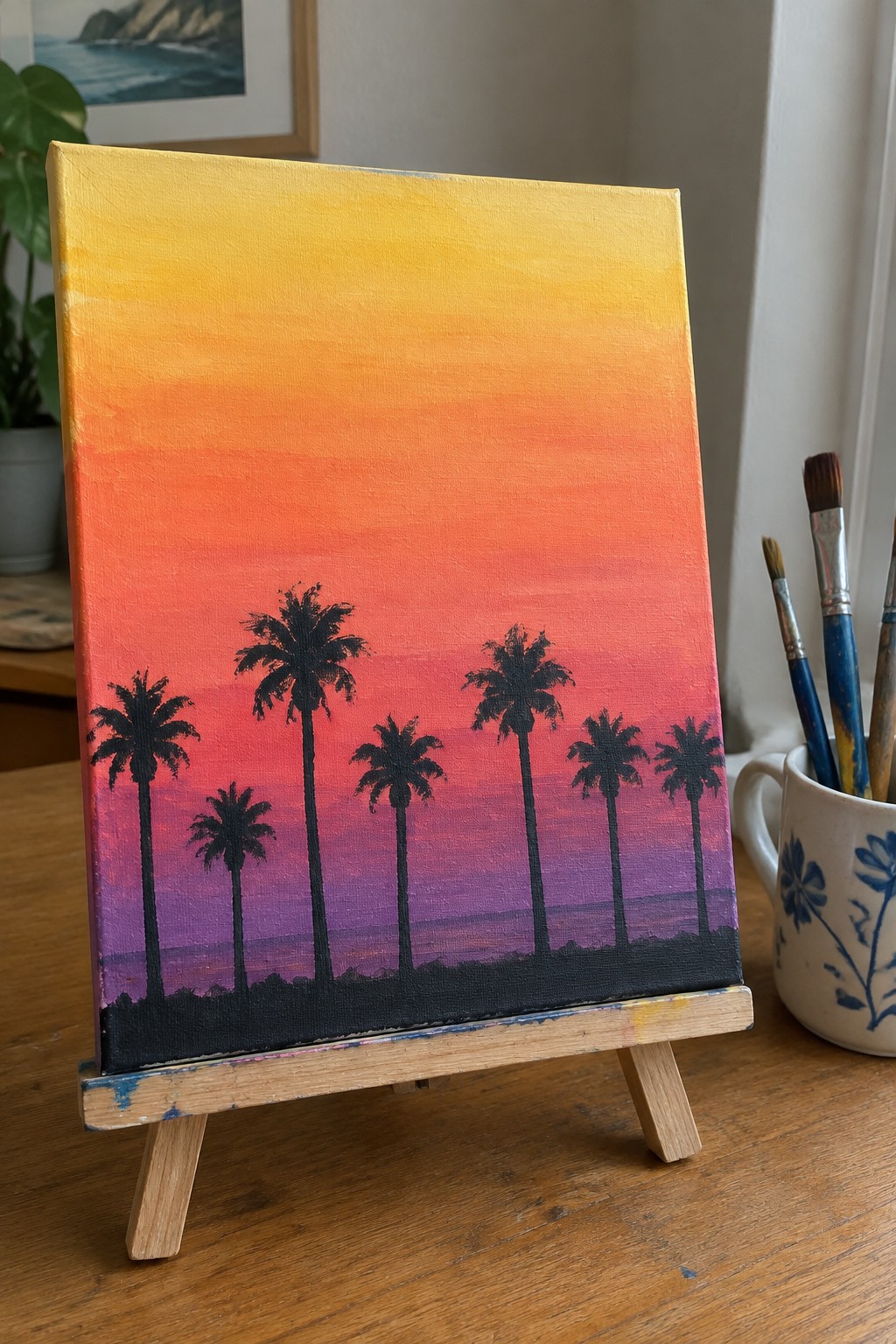 Palm tree silhouettes on canvas with yellow-orange-red-purple sunset gradient on easel