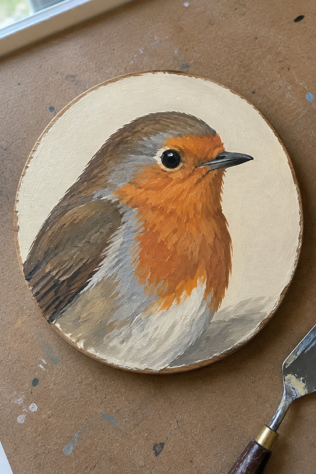 Oil painting of robin with orange breast on round wooden panel beside palette knife.