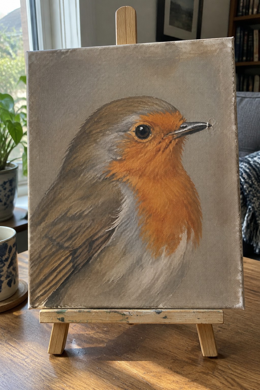 Realistic painting of a robin with orange breast on wooden easel.