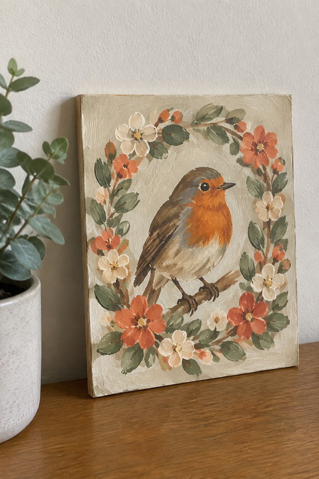 Canvas painting of robin on branch encircled by orange and white floral wreath