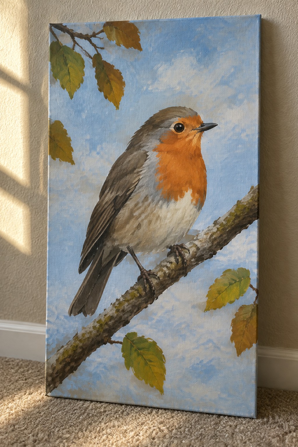 Oil painting of robin with orange breast perched on leafy branch under blue sky