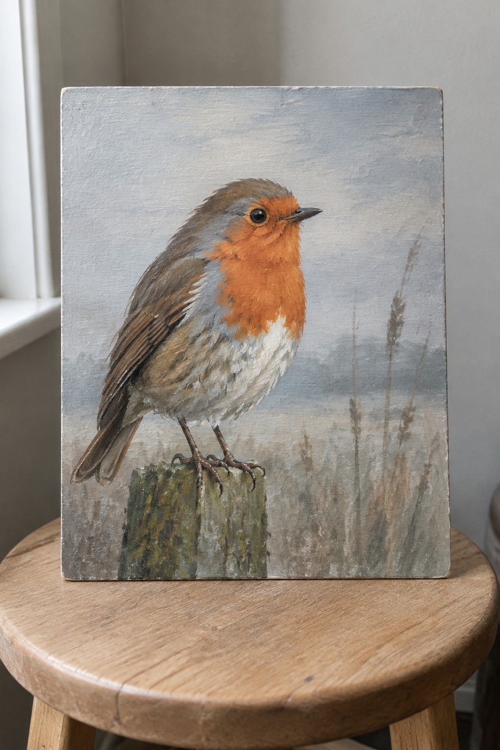 Realistic painting of robin with orange breast perched on post in misty field