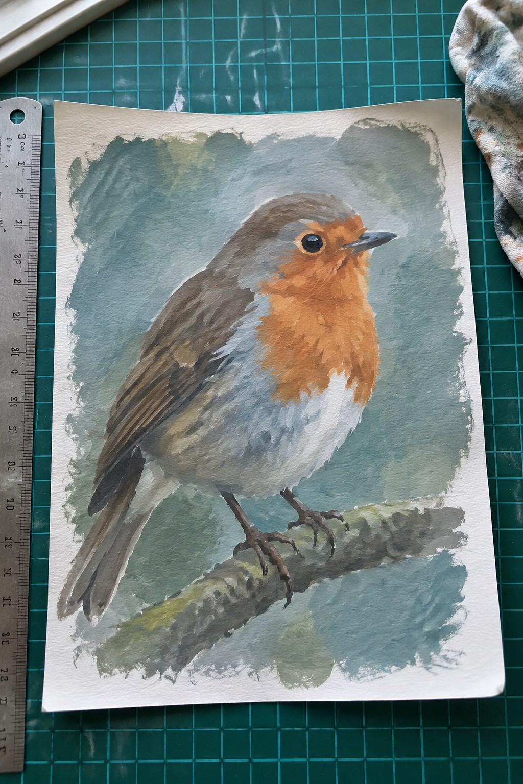 Watercolor of robin with orange breast on branch atop green grid mat beside ruler