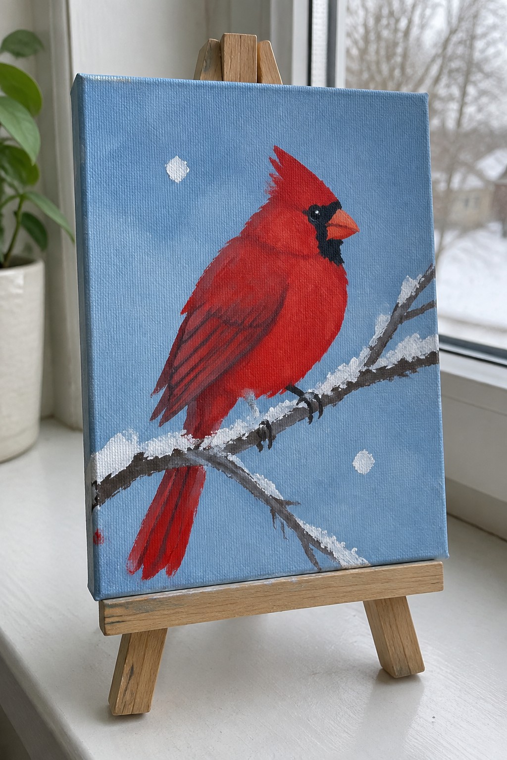Red cardinal on snowy branch painting on wooden easel by window