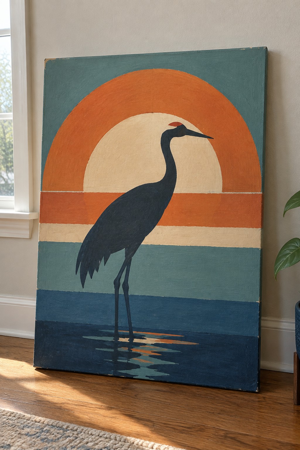 Silhouetted black crane wades in water before retro orange and teal sunset arcs.