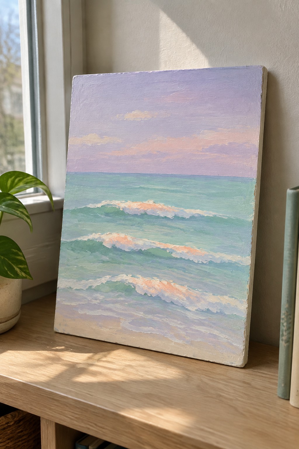 Seascape painting of turquoise waves with pink crests under lavender sky on wooden table