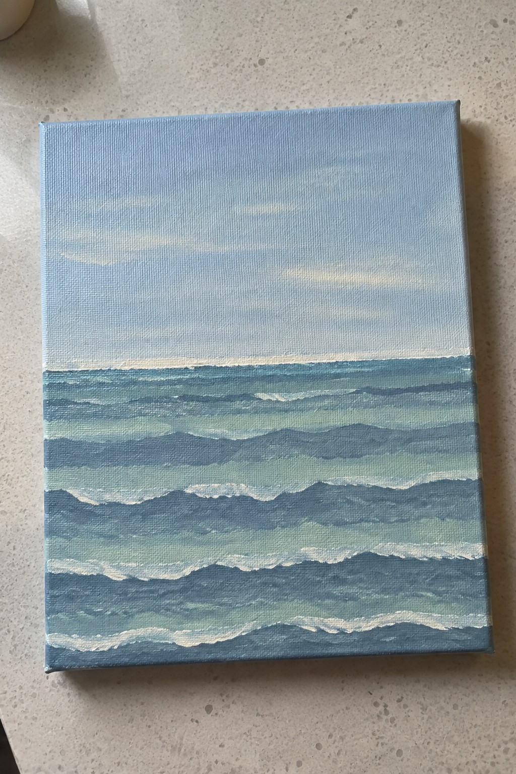 Acrylic painting of layered ocean waves in blues, greens, and white foam on canvas.