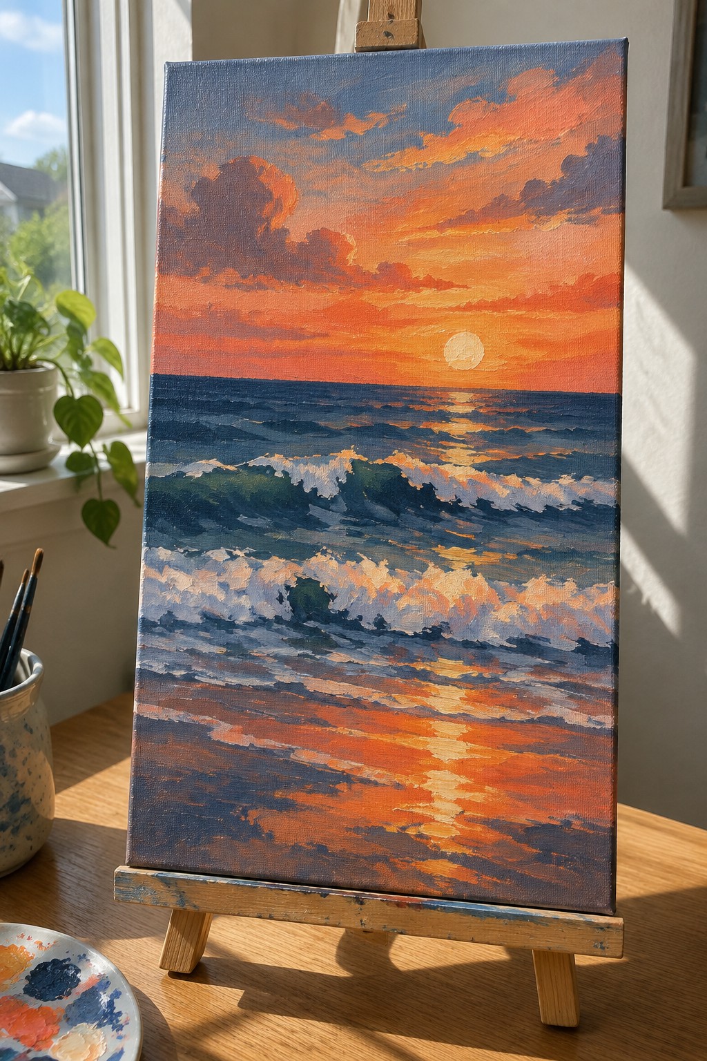 Vibrant oil painting of orange sunset over blue ocean waves on wooden easel