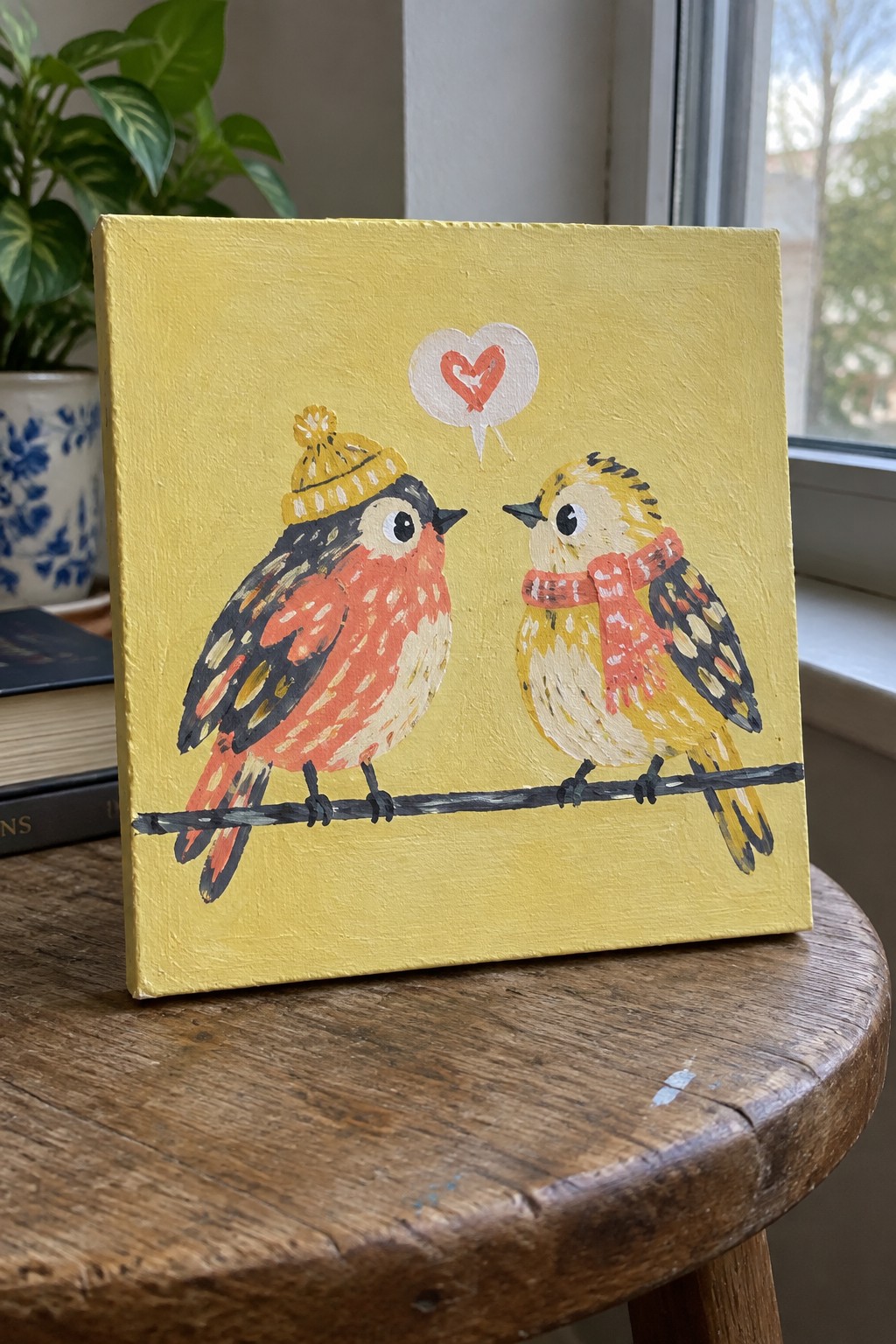 Two birds in hat and scarf on wire with heart speech bubble on yellow canvas