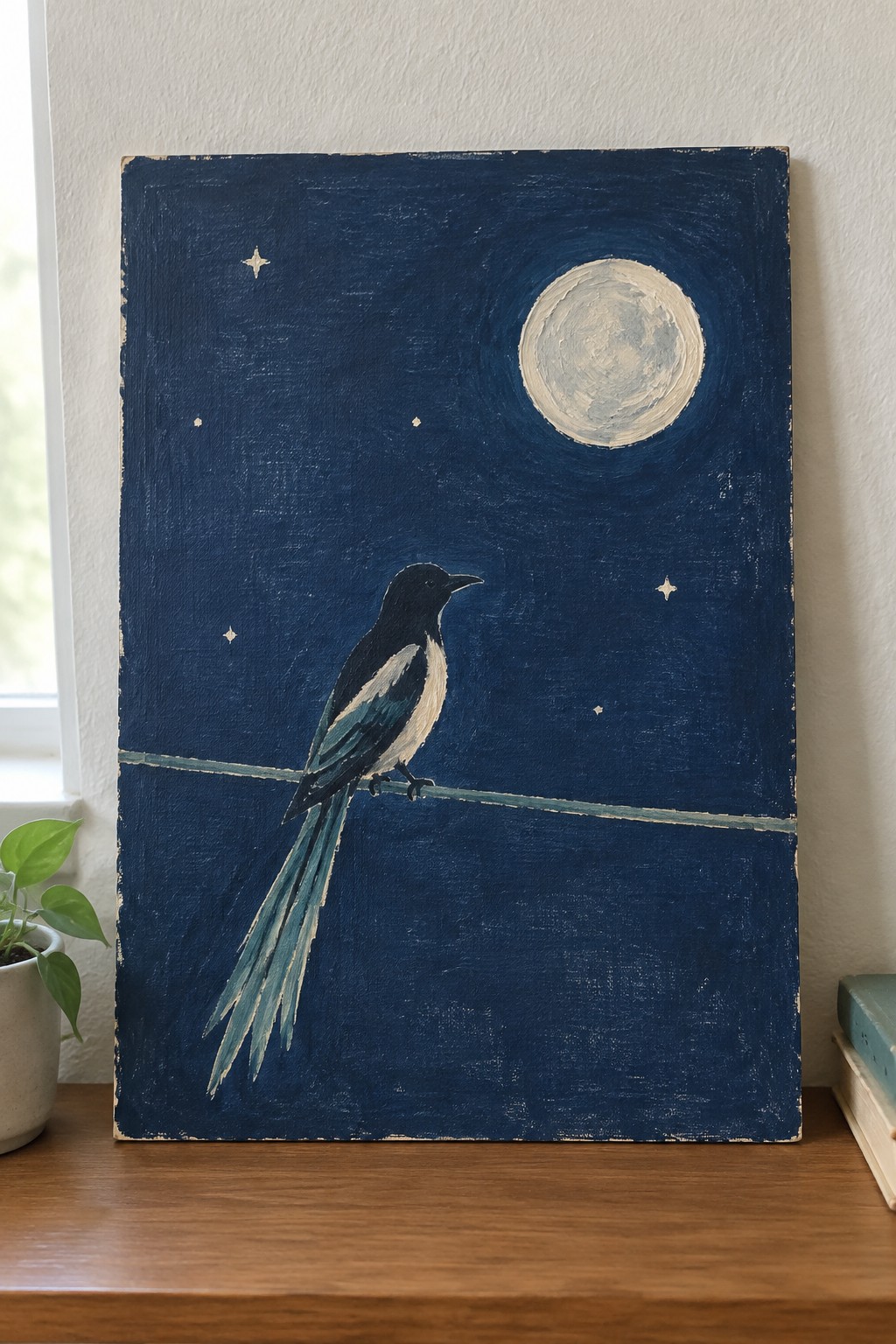 Magpie perched on wire beneath full moon and stars on dark blue canvas