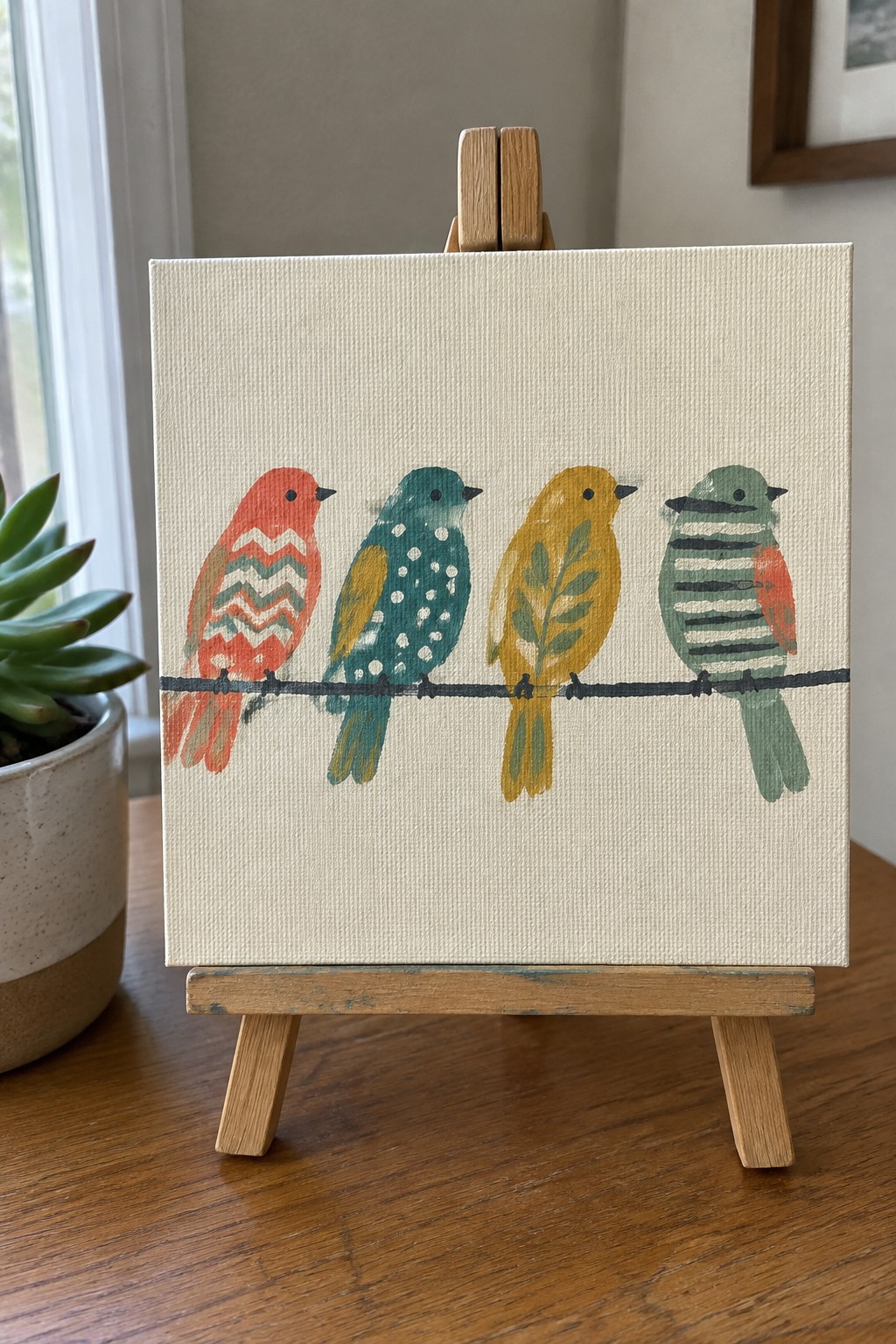 Four colorful patterned birds perched on a wire on canvas easel