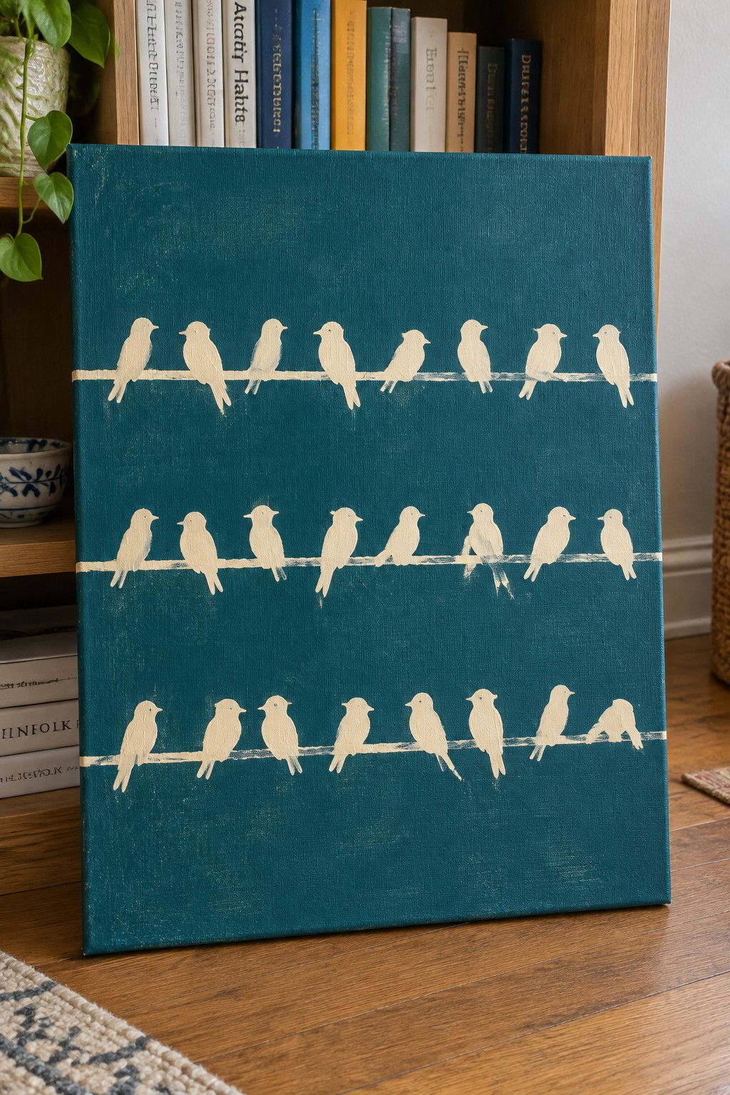 Teal canvas painting with three rows of white bird silhouettes on thin lines.