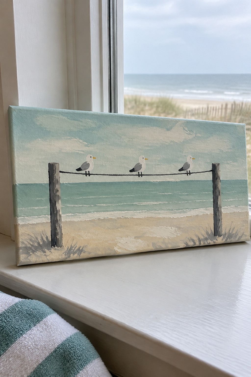 Canvas painting of three seagulls perched on wire above ocean and sandy beach