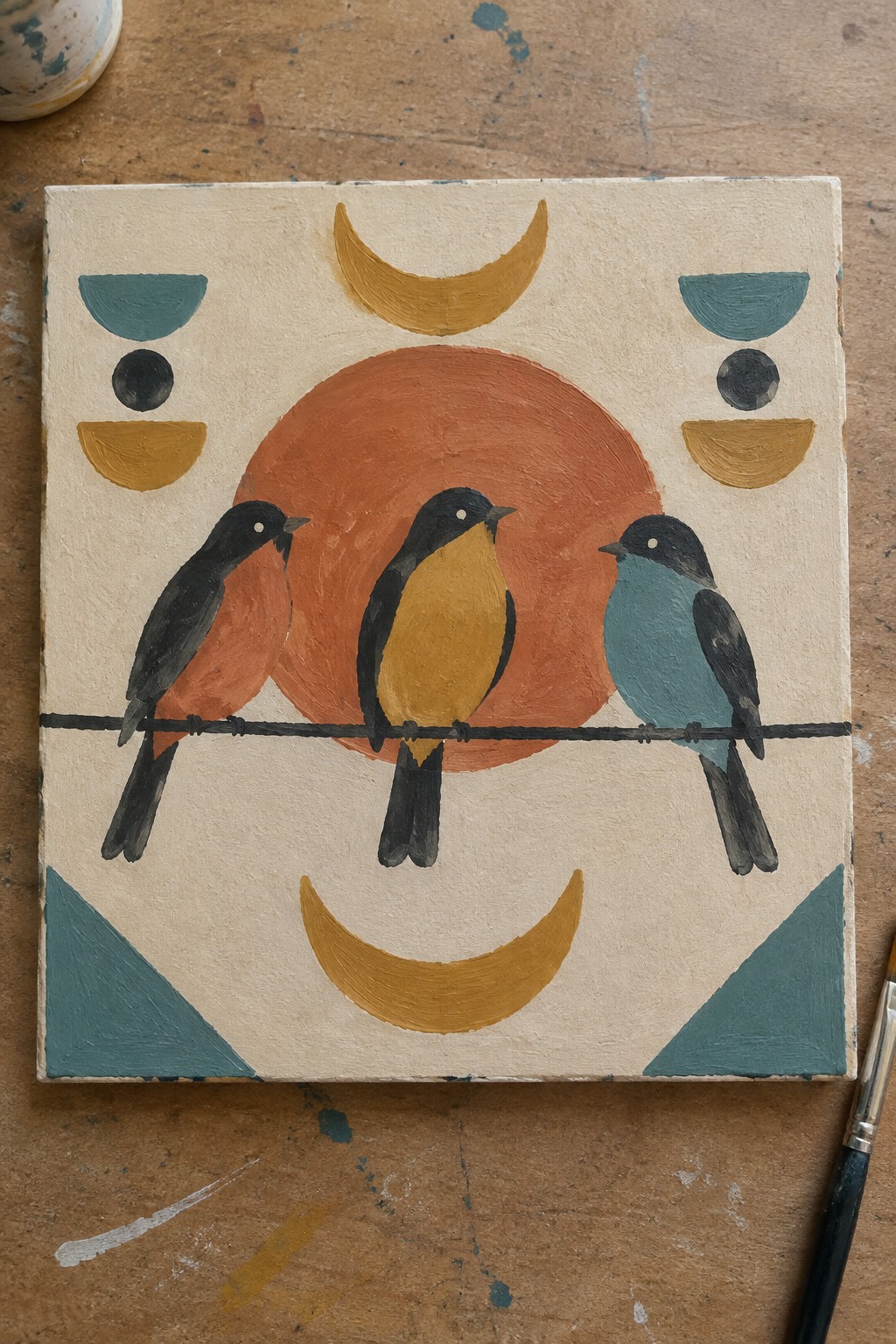 Three birds perched on a wire before a large orange sun with yellow crescents.