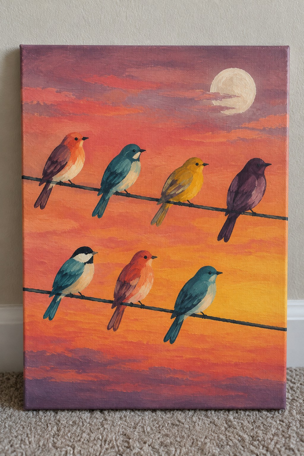 Seven colorful birds perched on wires under vibrant sunset sky with moon painting