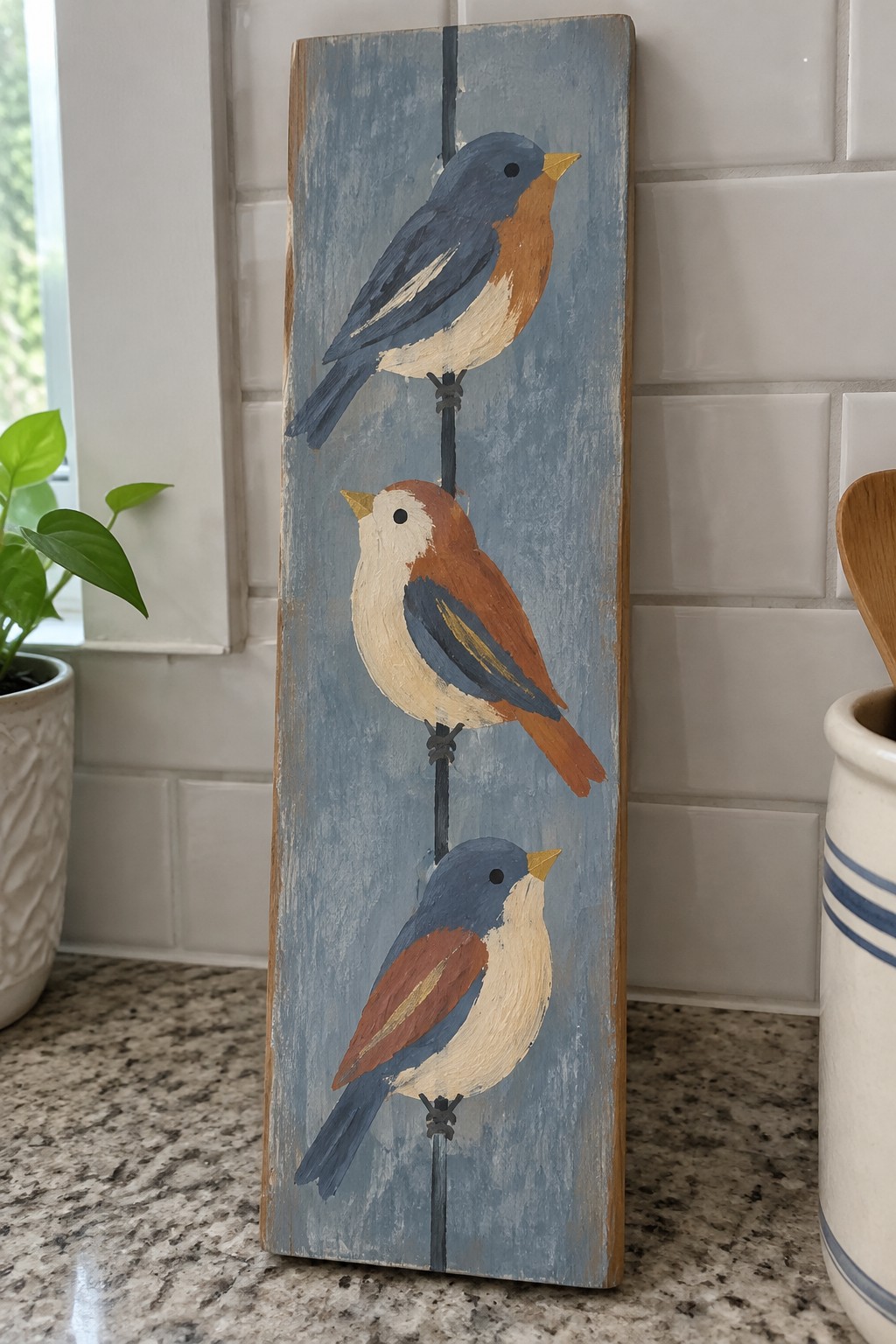 Three colorful birds painted on vertical blue wooden board in kitchen