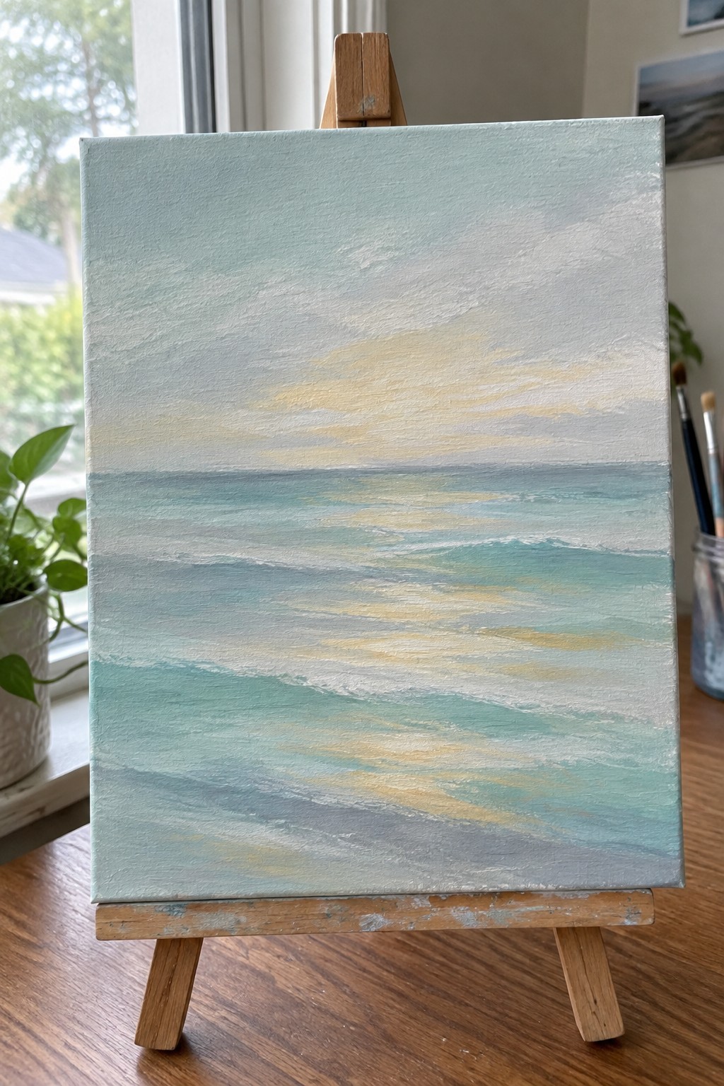 Seascape painting with turquoise waves and yellow-tinged sky on wooden easel