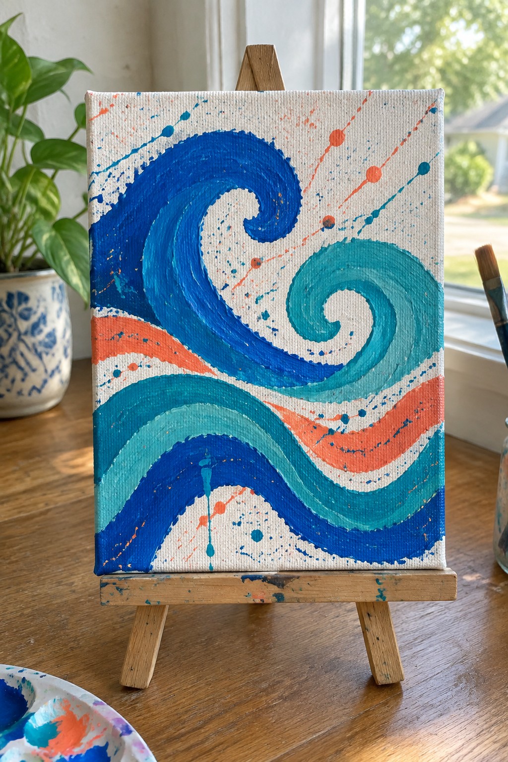 Abstract painting with blue teal swirls, orange accents, and splatters on easel