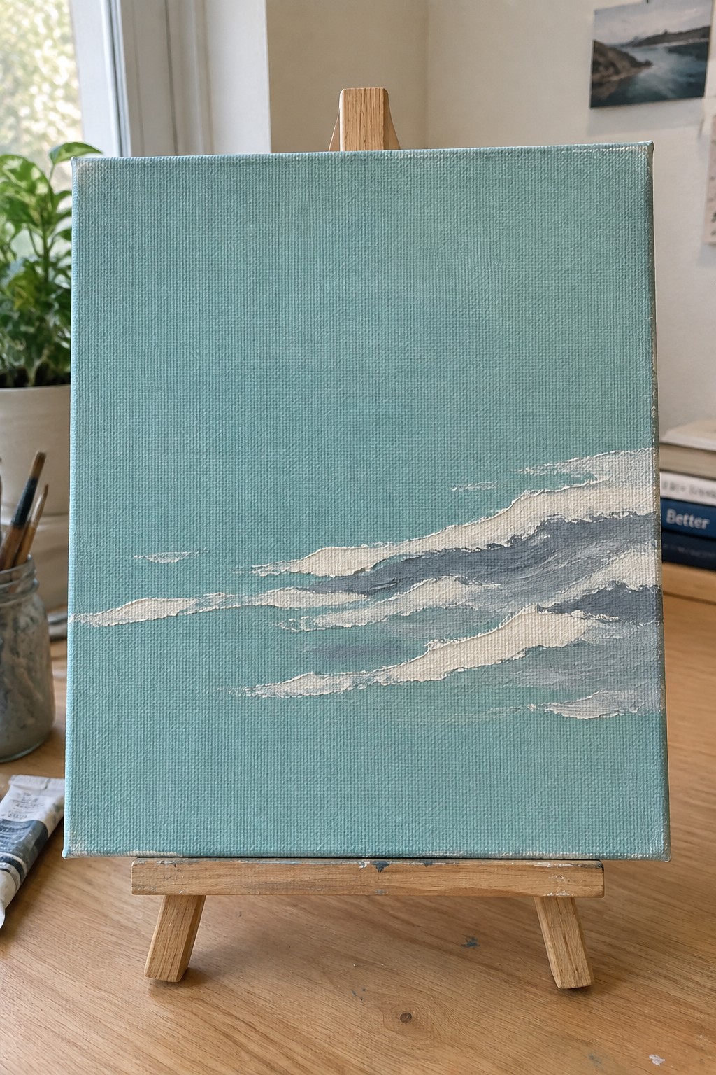 Teal canvas with stylized white and gray waves on wooden easel.