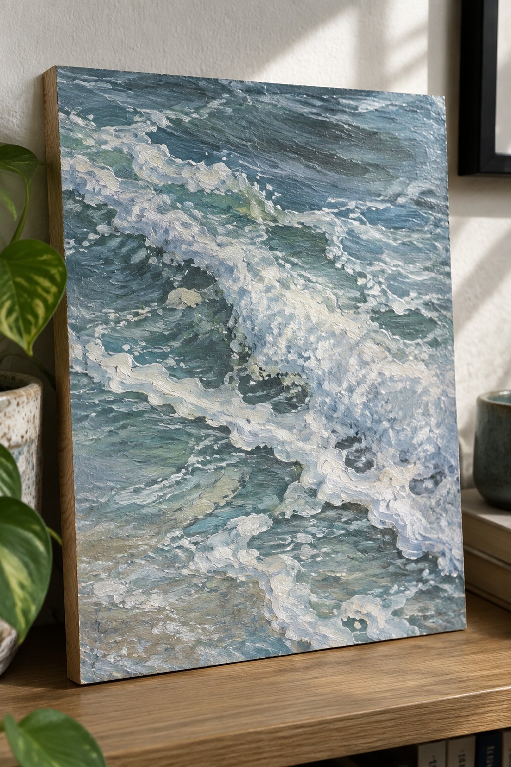 Thickly textured painting of crashing blue-green waves with white foam beside plants in sunlight