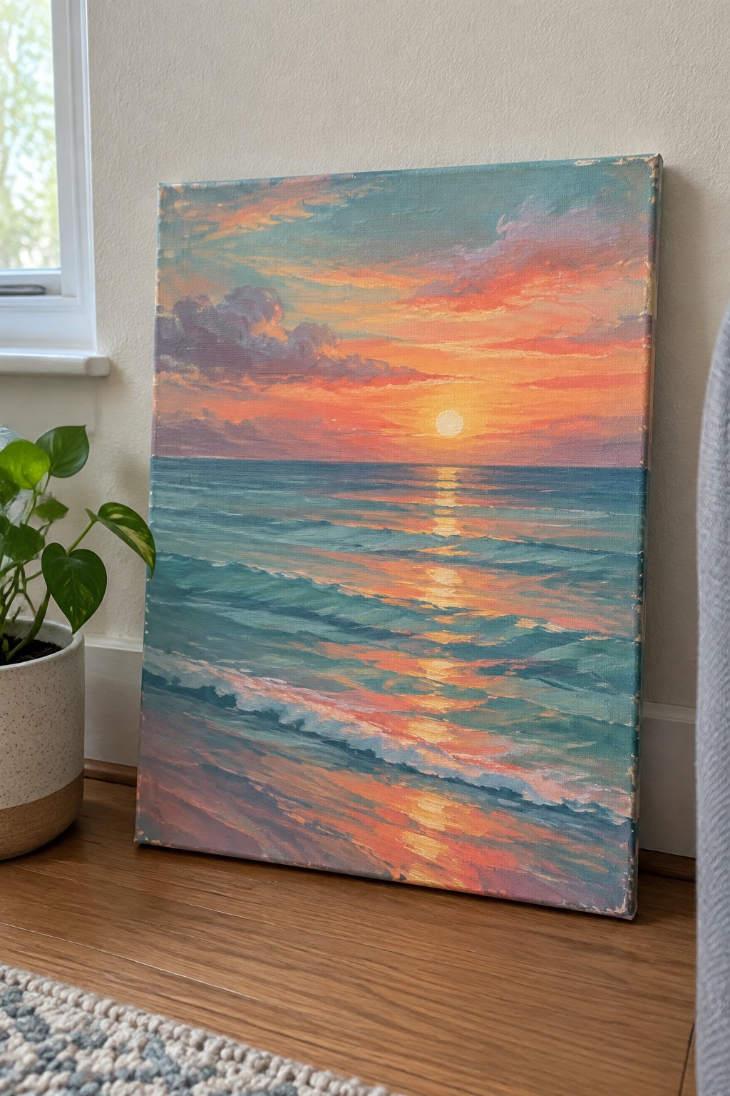 Colorful ocean sunset painting on canvas leaning against wall beside potted plant