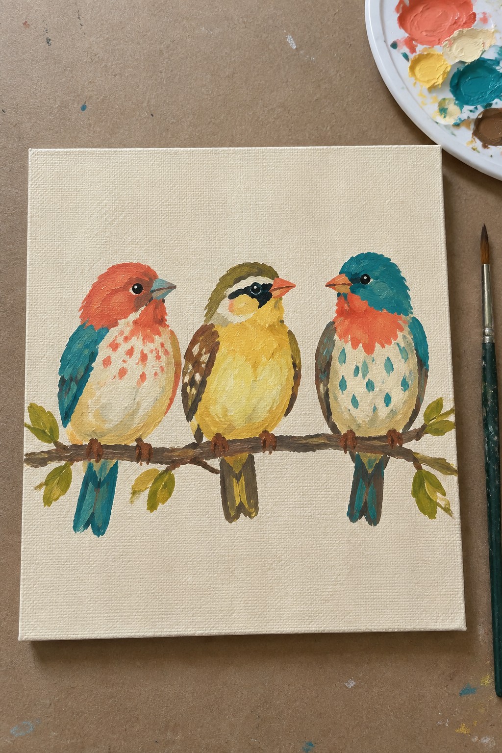 Three colorful birds on a branch painted on canvas beside palette and brush