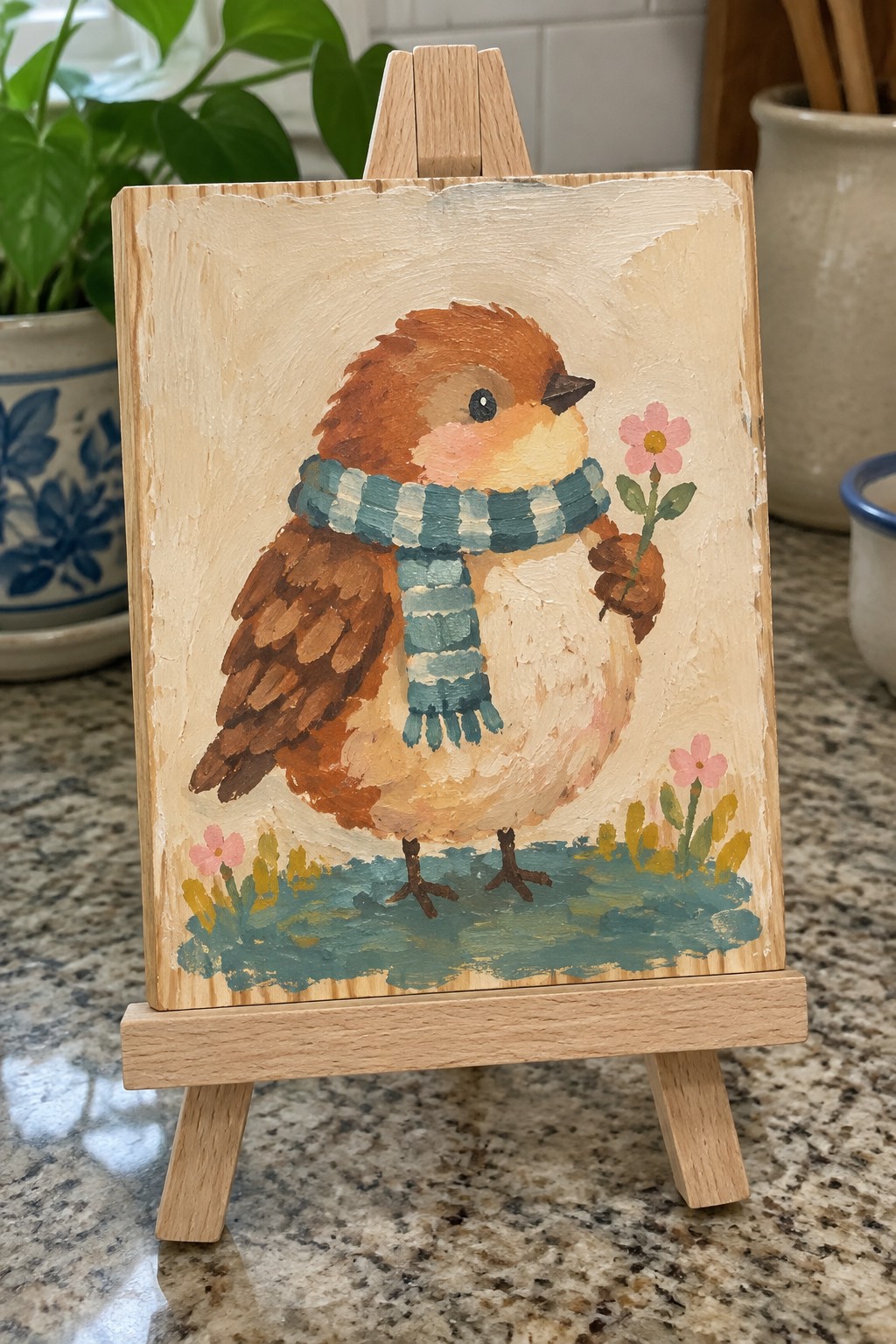 Cute round bird in blue checkered scarf holding pink flower on wooden easel